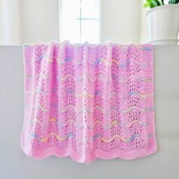 New Handmade Pink Knit Crochet Baby Afghan Blanket Throw Newborn Infant Wave Trim - thumbnail 1