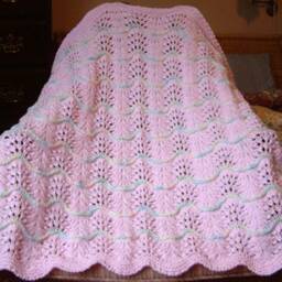 New Handmade Pink Knit Crochet Baby Afghan Blanket Throw Newborn Infant Wave Trim - thumbnail 3