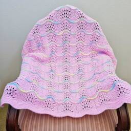New Handmade Pink Knit Crochet Baby Afghan Blanket Throw Newborn Infant Wave Trim - thumbnail 2