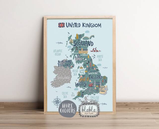 UK Map For Kids, Kids United Kingdom Map, England Wales Scotland North Ireland Boys Room Poster, Girls Poster - image 1