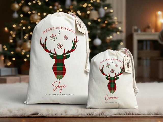 Personalized Tartan Stag Santa Sack - Scottish Christmas Gift Bag Nollaig Chridheil Cotton Stocking - image 1