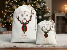 Personalized Tartan Stag Santa Sack - Scottish Christmas Gift Bag Nollaig Chridheil Cotton Stocking