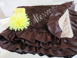 Personalized Brown Minky Baby Blanket, Ruffle Trim, Shower Gift, Usa Handcrafted