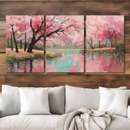 Romantic Cherry Blossom Grove Oil Painting Soft Pinks & Muted Landscape Gouache Wall Art Split Canvas Home Decor Nature Spring - thumbnail 2