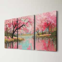Romantic Cherry Blossom Grove Oil Painting Soft Pinks & Muted Landscape Gouache Wall Art Split Canvas Home Decor Nature Spring