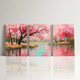 Romantic Cherry Blossom Grove Oil Painting Soft Pinks & Muted Landscape Gouache Wall Art Split Canvas Home Decor Nature Spring - thumbnail 3