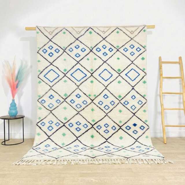 Ivory Moroccan Rug With Blue & Green Diamond Lattice - Large 9x12 Area Handmade Berber Shag Modern Geometric Carpet - image 1