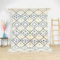 Ivory Moroccan Rug With Blue & Green Diamond Lattice - Large 9x12 Area Handmade Berber Shag Modern Geometric Carpet - thumbnail 1