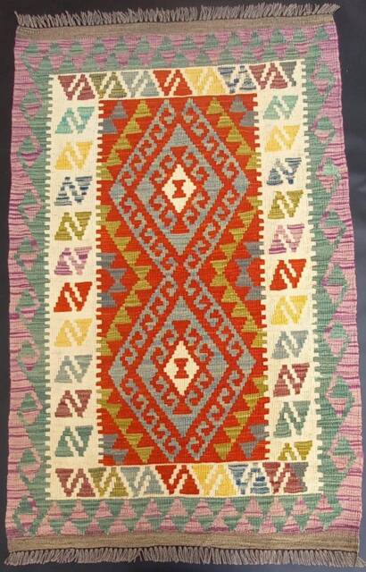 Multicolour Kilim Rug, Handwoven Artisan Afghan Turkish Aztec Natural Wool Rug 139x89 cm - image 1