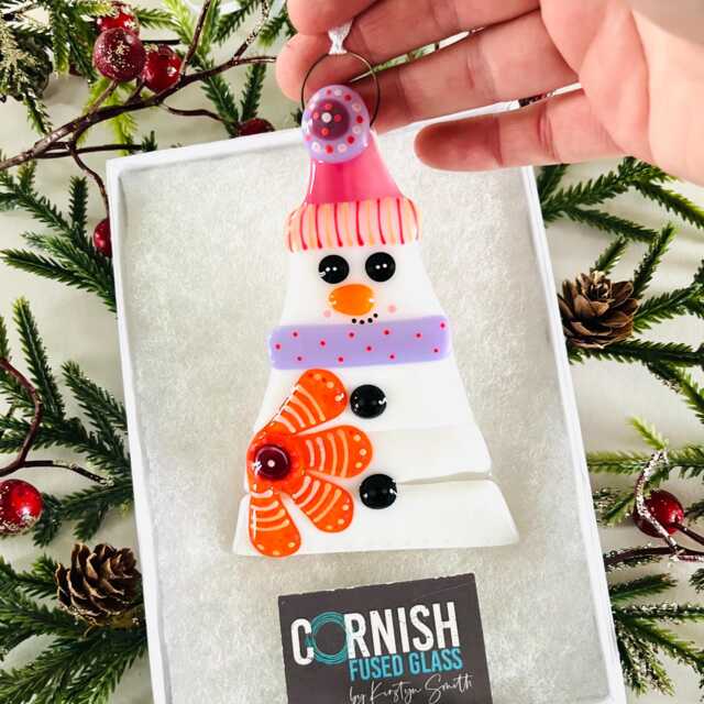 Gorgeous Fused Glass Snowman Christmas Decoration - Tree Decoration, Fused Cornwall, Cornish - image 1