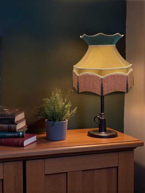 Handmade Gold Fabric Lampshade Downton Abbey Style, Braid & Dark Green Tassels Trim - image 1