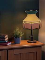 Handmade Gold Fabric Lampshade Downton Abbey Style, Braid & Dark Green Tassels Trim - thumbnail 1