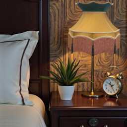 Handmade Gold Fabric Lampshade Downton Abbey Style, Braid & Dark Green Tassels Trim - thumbnail 3