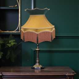Handmade Gold Fabric Lampshade Downton Abbey Style, Braid & Dark Green Tassels Trim - thumbnail 2