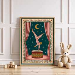 Vintage Circus Acrobat Print, Folk Art Night Theatre Poster, Whimsical Carnival Wall Art, Nursery Playroom Decor - thumbnail 3