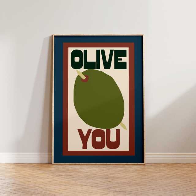 Retro Kitchen Wall Art, Olive You Print, Mid Century Modern Blue Brown Olives Art For - image 1
