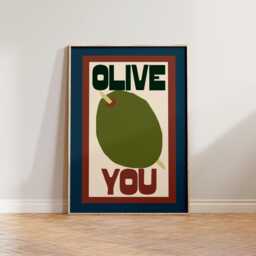 Retro Kitchen Wall Art, Olive You Print, Mid Century Modern Blue Brown Olives Art For - thumbnail 1