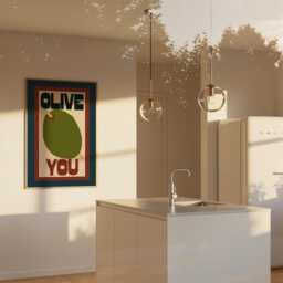 Retro Kitchen Wall Art, Olive You Print, Mid Century Modern Blue Brown Olives Art For - thumbnail 2