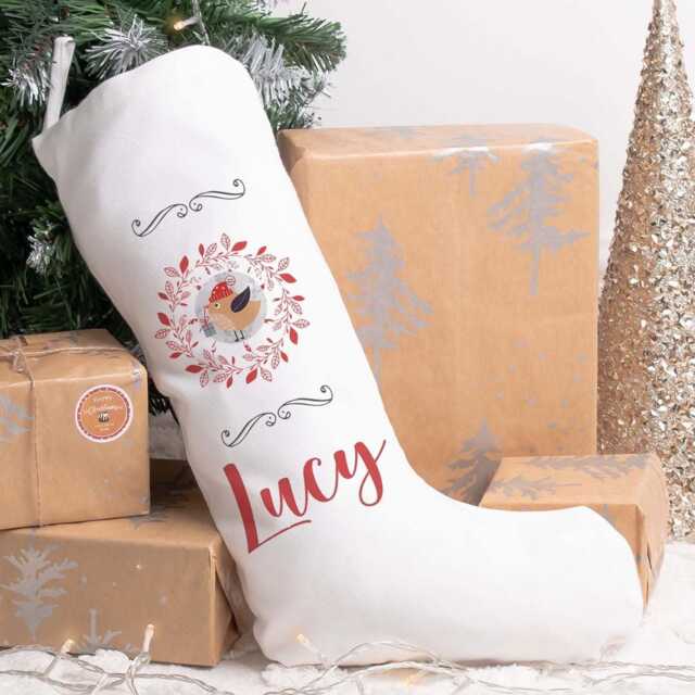 Personalised Robin Christmas Stocking, Family Decoration, Xmas Stocking Kids - image 1
