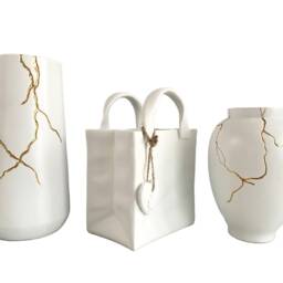 Vase Inspired By Kintsugi Japanese Art Gold & White Flower For Dried Flowers Decoration Pottery Doughnut Tapered Flowerpot Lux Wedding - thumbnail 2