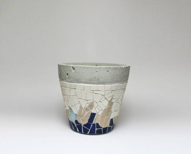 Mosaic On Concrete Small Planter - Blue Decorative Vase - image 1