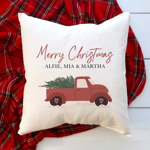 Personalised Christmas Cushion With Names Red Truck Xmas Home Decorations First At New Pillow New Mum Dad Present - image 1