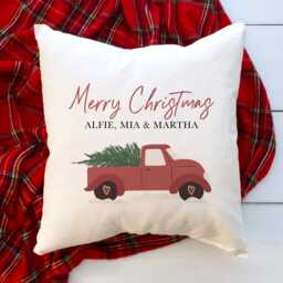 Personalised Christmas Cushion With Names Red Truck Xmas Home Decorations First At New Pillow New Mum Dad Present - thumbnail 1