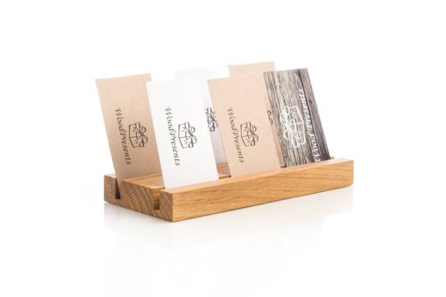 Engraved Oak Wood Business Card Holder Modern Desk Organizer, Personalized Corporate Gift - image 1
