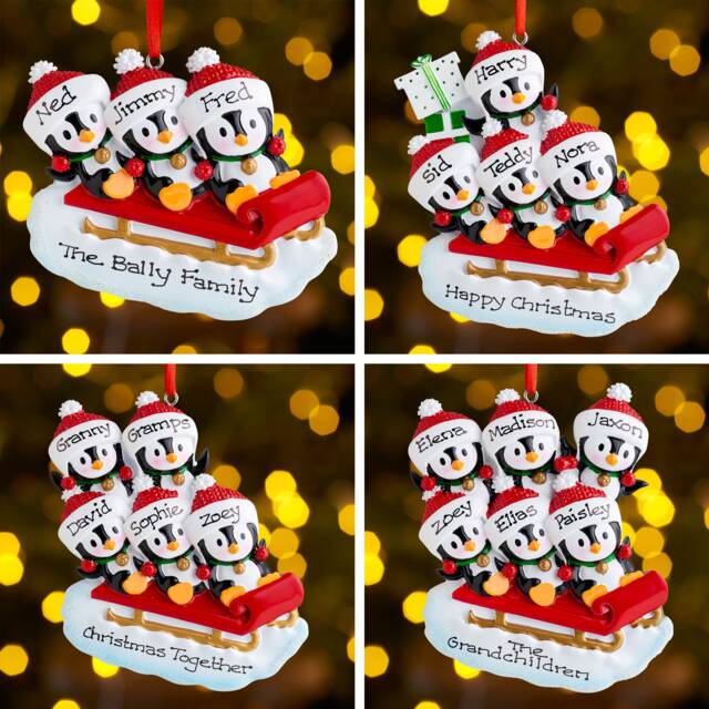 Personalised Family Christmas Xmas Tree Decoration Ornament - Penguins On Sled - image 1
