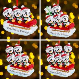 Personalised Family Christmas Xmas Tree Decoration Ornament - Penguins On Sled