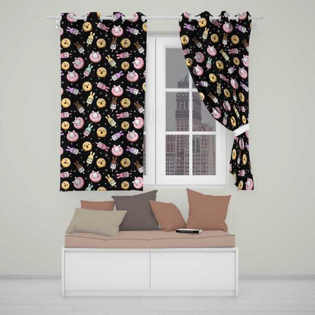 Easter Bunny Ice Cream Donut Chick Kawaii Black Starry Background Seamless Pattern Readymade Eyelet Ring Top Thermal 100% Blackout Curtains - image 1