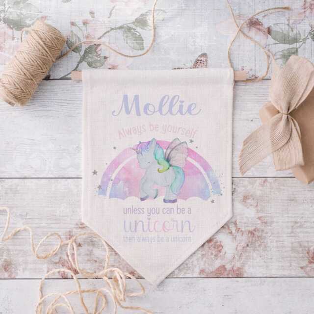 Personalised Unicorn Flag, Pastel Gift, Girls Pink Bedroom Decor, Rainbow Wall Hanging, Gift For Birthday, Always Be A - image 1