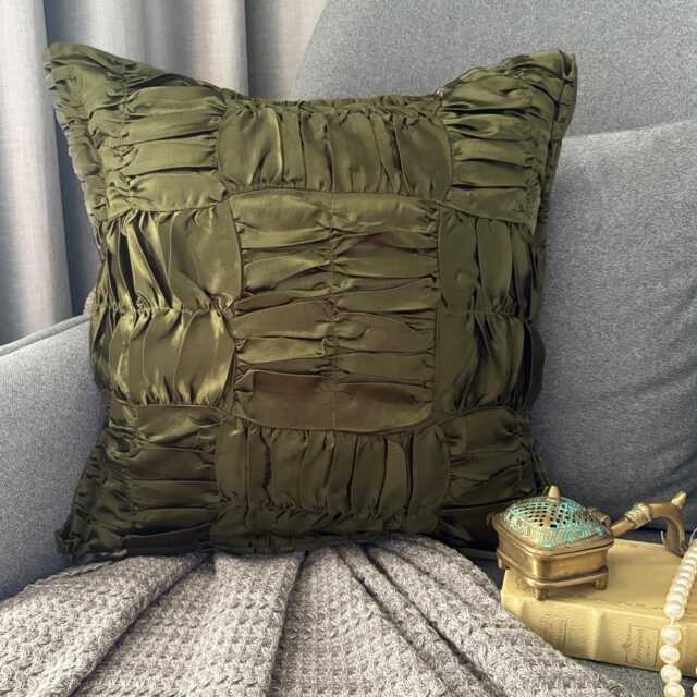 Olive Green Satin, Ruched Textured Solid Pattern, Contemporary Throw Pillow Cover/Euro Sham - Dreamy - image 1