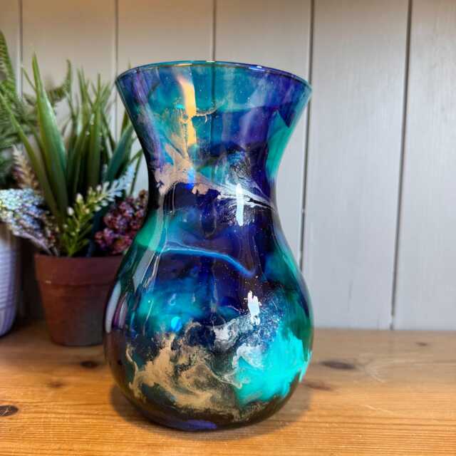 Hand Decorated 18cm Tall Glass Vase Purple Turquoise With Gold Copper Or Silver Design - image 1