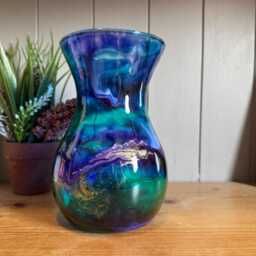 Hand Decorated 18cm Tall Glass Vase Purple Turquoise With Gold Copper Or Silver Design - thumbnail 2