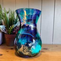 Hand Decorated 18cm Tall Glass Vase Purple Turquoise With Gold Copper Or Silver Design - thumbnail 1