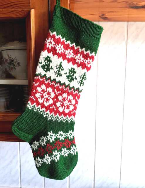 Hand Knit Christmas Stocking, Nordic Holiday Decor, Green Red White Wool Stocking - image 1