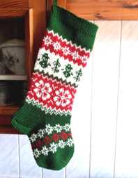 Hand Knit Christmas Stocking, Nordic Holiday Decor, Green Red White Wool Stocking