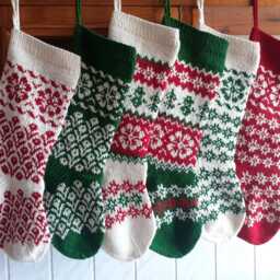 Hand Knit Christmas Stocking, Nordic Holiday Decor, Green Red White Wool Stocking - thumbnail 3