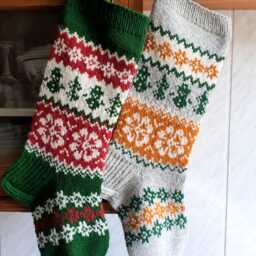 Hand Knit Christmas Stocking, Nordic Holiday Decor, Green Red White Wool Stocking - thumbnail 2
