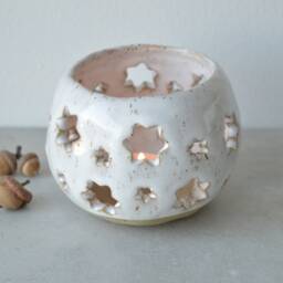 White Candle Holder, Ceramic Tea Light, Handbuilt Speckled Stoneware Candleholder, Christmas Gift - thumbnail 2