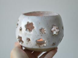 White Candle Holder, Ceramic Tea Light, Handbuilt Speckled Stoneware Candleholder, Christmas Gift - thumbnail 1