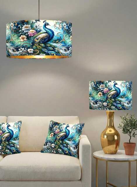 Handmade By Order Super Luxury Peacock Bird Feather Paradise Velvet Drum Table Lamp Shade Pendant Light All Sizes Availab - image 1