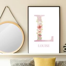 Watercolour Floral Pink Initial - Personalised Print Custom Decor Gift Bespoke A5 A4 A3 Framed - thumbnail 3