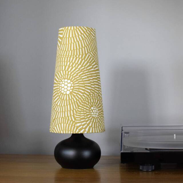 Mustard Yellow Scandinavian Fabric Lampshade, Abstract Pattern, Handmade Cone Or Cylinder Shape - image 1