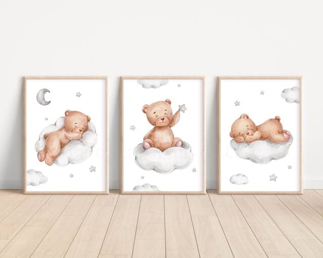 Baby Nursery Teddy Bear Prints - A4 Or A3 Size Stars Cloud Moon Boy Girl Wall Art Gender Unisex Neutral Beige Natural Boho - image 1