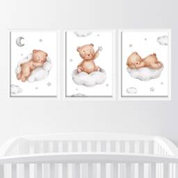 Baby Nursery Teddy Bear Prints - A4 Or A3 Size Stars Cloud Moon Boy Girl Wall Art Gender Unisex Neutral Beige Natural Boho - thumbnail 2