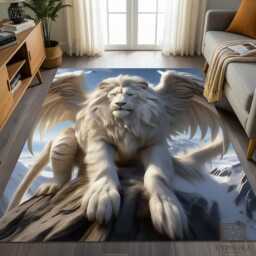 Winged Lion Carpet Mythical Fantasy Art Welcome Mat, Majestic Creature Home Decor
