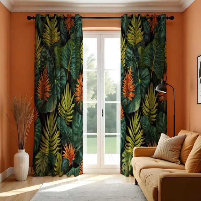Tropical Jungle Leaf Curtains, Deep Green & Orange Botanical Foliage Drapes, Lush Exotic Rainforest Pattern Window Panels - image 1