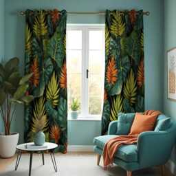 Tropical Jungle Leaf Curtains, Deep Green & Orange Botanical Foliage Drapes, Lush Exotic Rainforest Pattern Window Panels - thumbnail 3